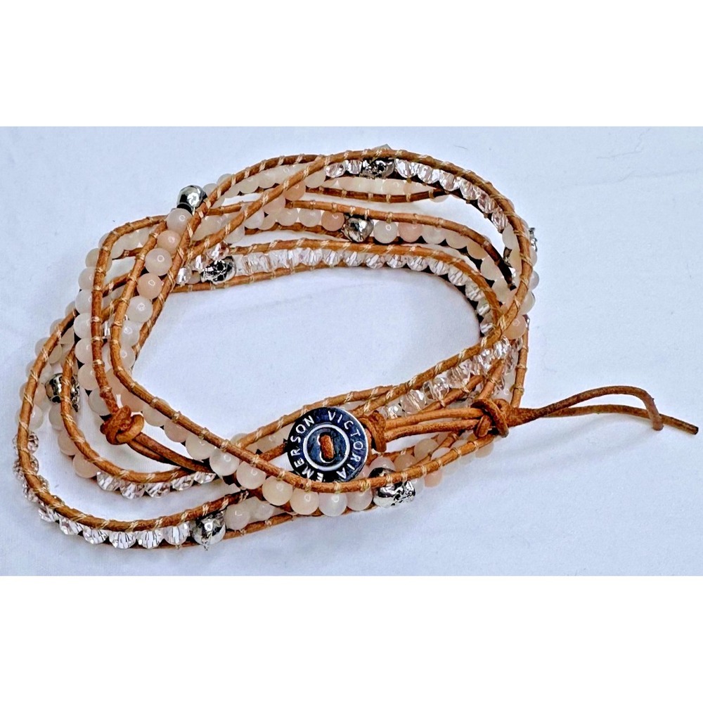 Emerson Victoria Wrap bracelet Skull Rose Quartz Crystal Leather Brown Silver